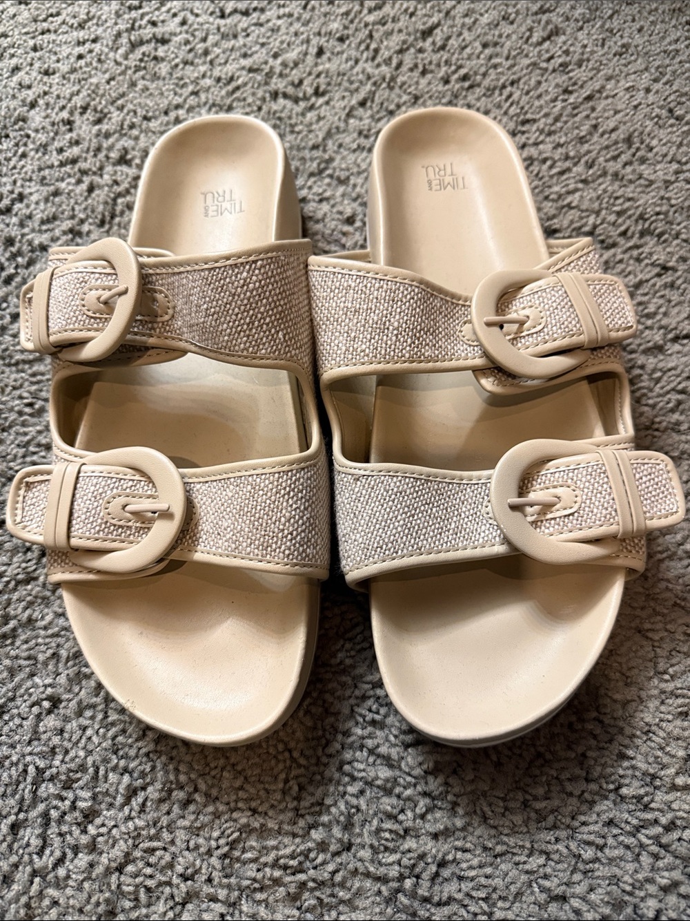 Time & Tru Women's Neutral Beige Double Buckle Slide Sandals